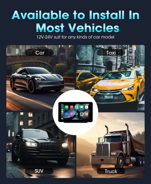Vtopek Carplay screen installation options for cars, taxis, SUVs, and trucks, compatible with 12V-24V vehicles.