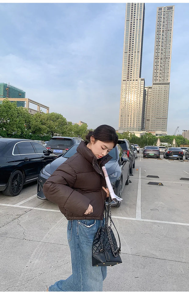 Winter Women Clothes Cropped Jackets Parkas Warm Stand Collar Cold Coat Zipper Puffer Jacket Korean Fashion Cotton-padded Jacket