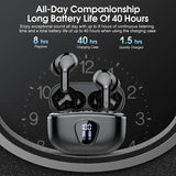 Wireless earbuds with charging case on a black background with battery life information.