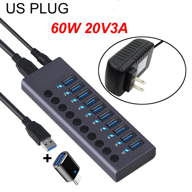 10 Ports USB 3.0 HUB Charging 5Gbps Data Transfer External Splitter Docking Station Power 60W LED Light Switch Convert Adapter