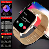 Gold smartwatch with mesh band showing an incoming call, with music, call, and message feature panels.