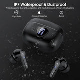 Black wireless earbuds with waterproof and dustproof features on a dark background