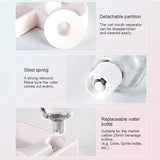 Product features including a detachable partition, steel spring, and replaceable water bottle on a light gray background.