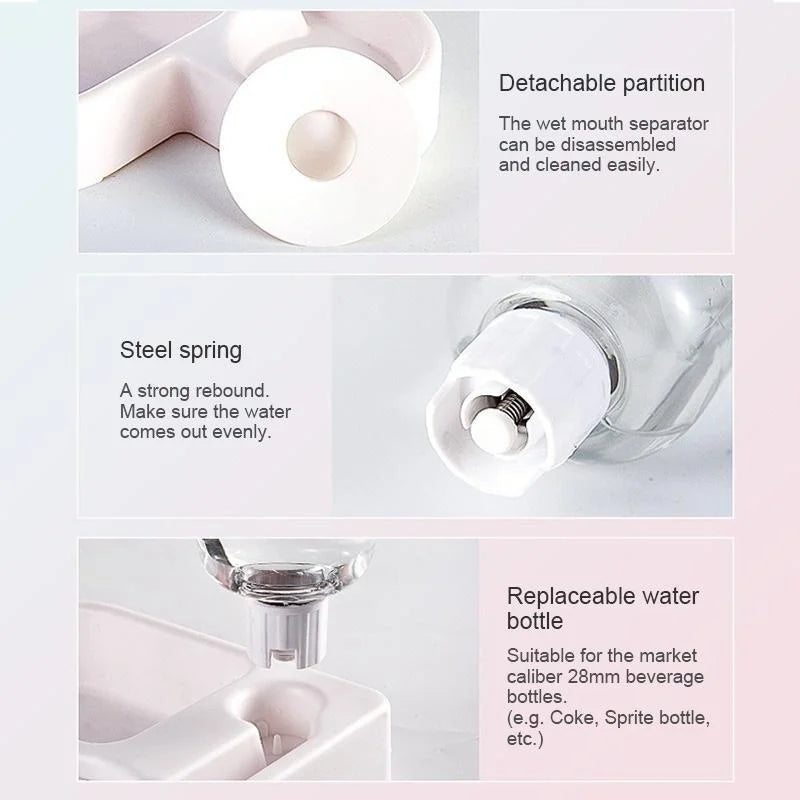 Product features including a detachable partition, steel spring, and replaceable water bottle on a light gray background.