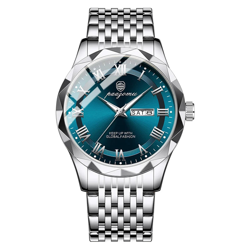Men's minimalist quartz leisure watch – silver watch with blue face on white background