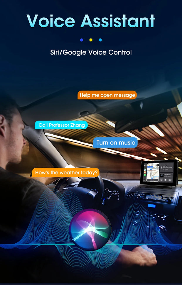 Car interior showcasing voice assistant features with Siri/Google voice control and user commands for navigation and music.