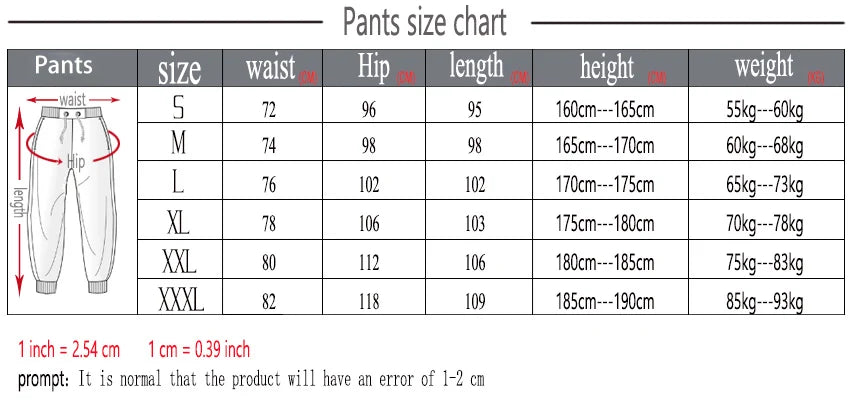 Mens fleece lined jogger sweatpants – size chart with measurements for waist, hip, length, height and weight