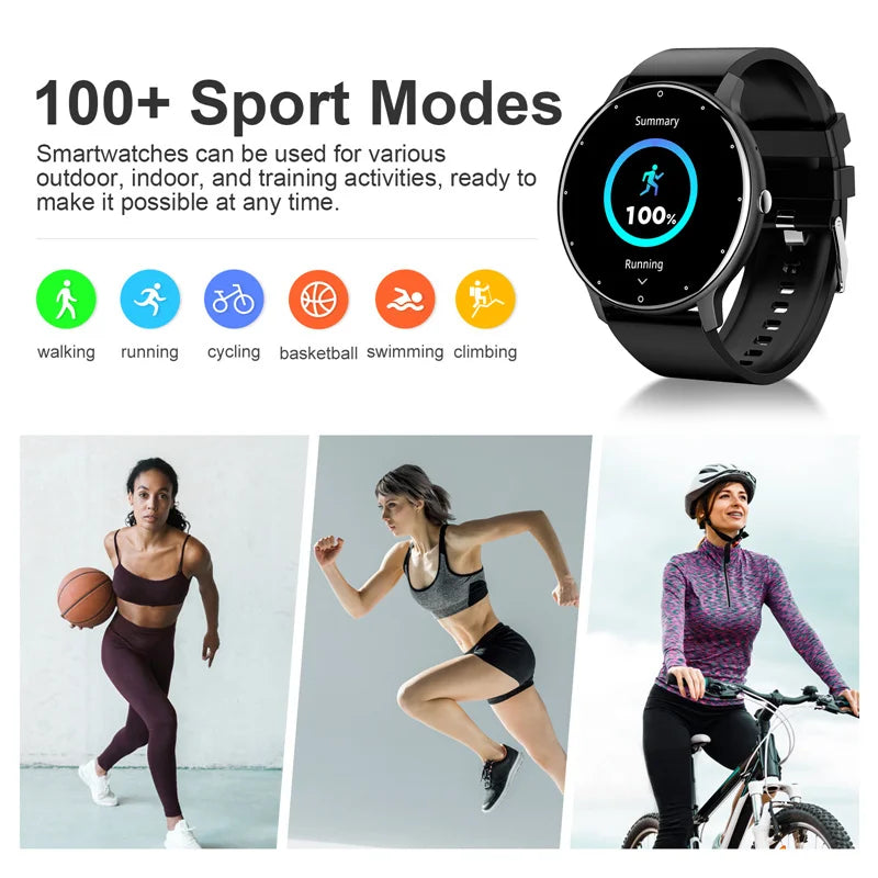 Smart watch displaying various sports modes on screen with people exercising