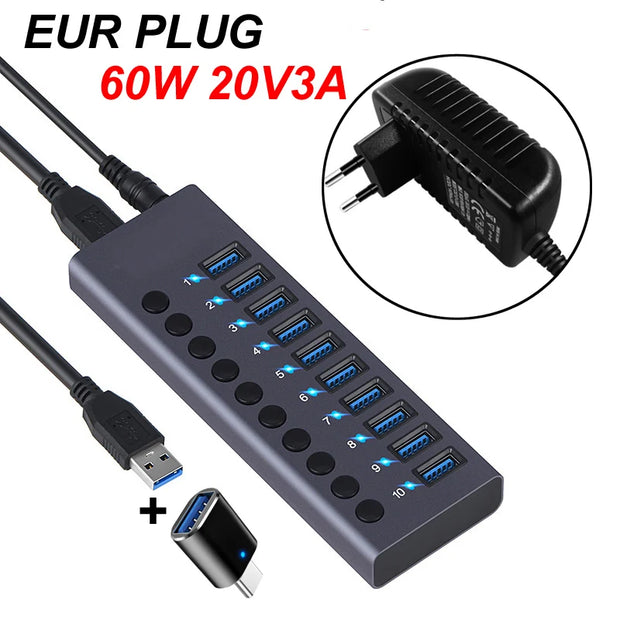10 Ports USB 3.0 HUB Charging 5Gbps Data Transfer External Splitter Docking Station Power 60W LED Light Switch Convert Adapter