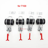 Four DJI Agras spray drone transport fixing clips with black rubber rollers, silver spring-loaded metal clamps and red handles arranged in a row on white background