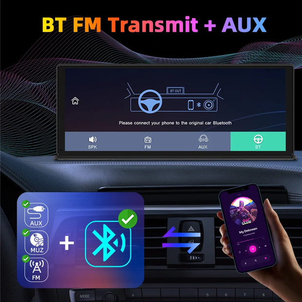Vtopek Carplay screen displaying Bluetooth FM transmit and AUX functions in a car dashboard setting.