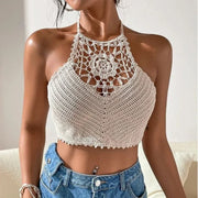 2025 Crop Tops Retro Wild Hollow Perspective Tassel Sexy Spaghetti Strap Tanke Top Women Built In Bra New Back Lace Halter Neck