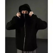Men's Balaclava Zip Hoodie with Face Mask Winter Warm Zipper Sweatshirt Oversized Hooded Sports Jacket for Outdoor Activities