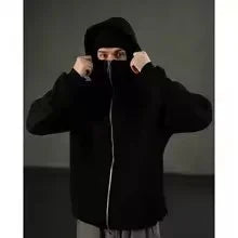 Men's Balaclava Zip Hoodie with Face Mask Winter Warm Zipper Sweatshirt Oversized Hooded Sports Jacket for Outdoor Activities