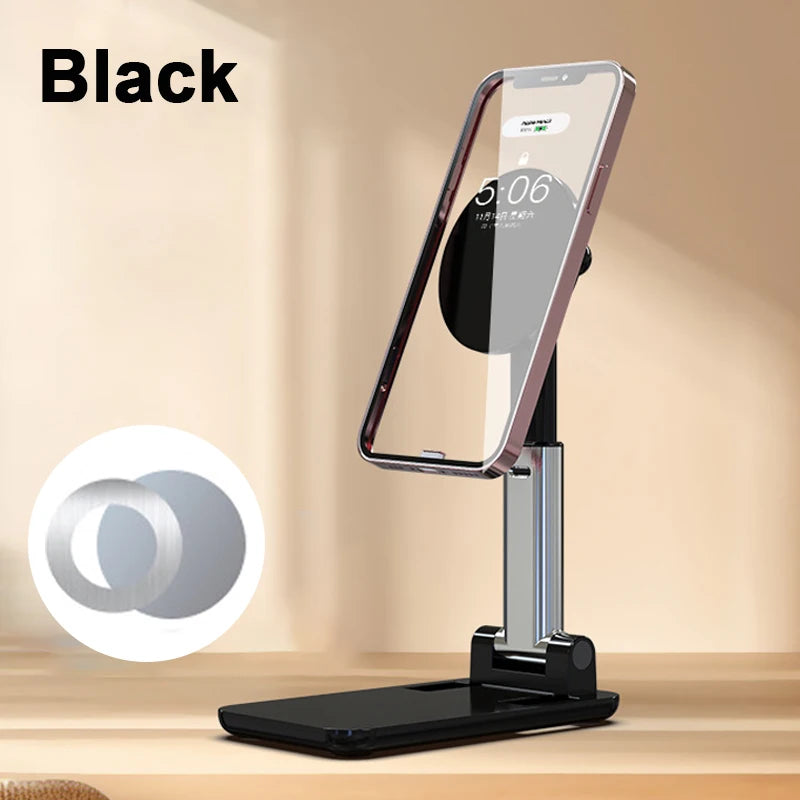 Black smartphone stand with phone holder on a beige background