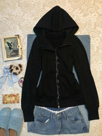 Harajuku Hooded Zip-Up Hoodie – Y2K Goth Punk Winter Jacket