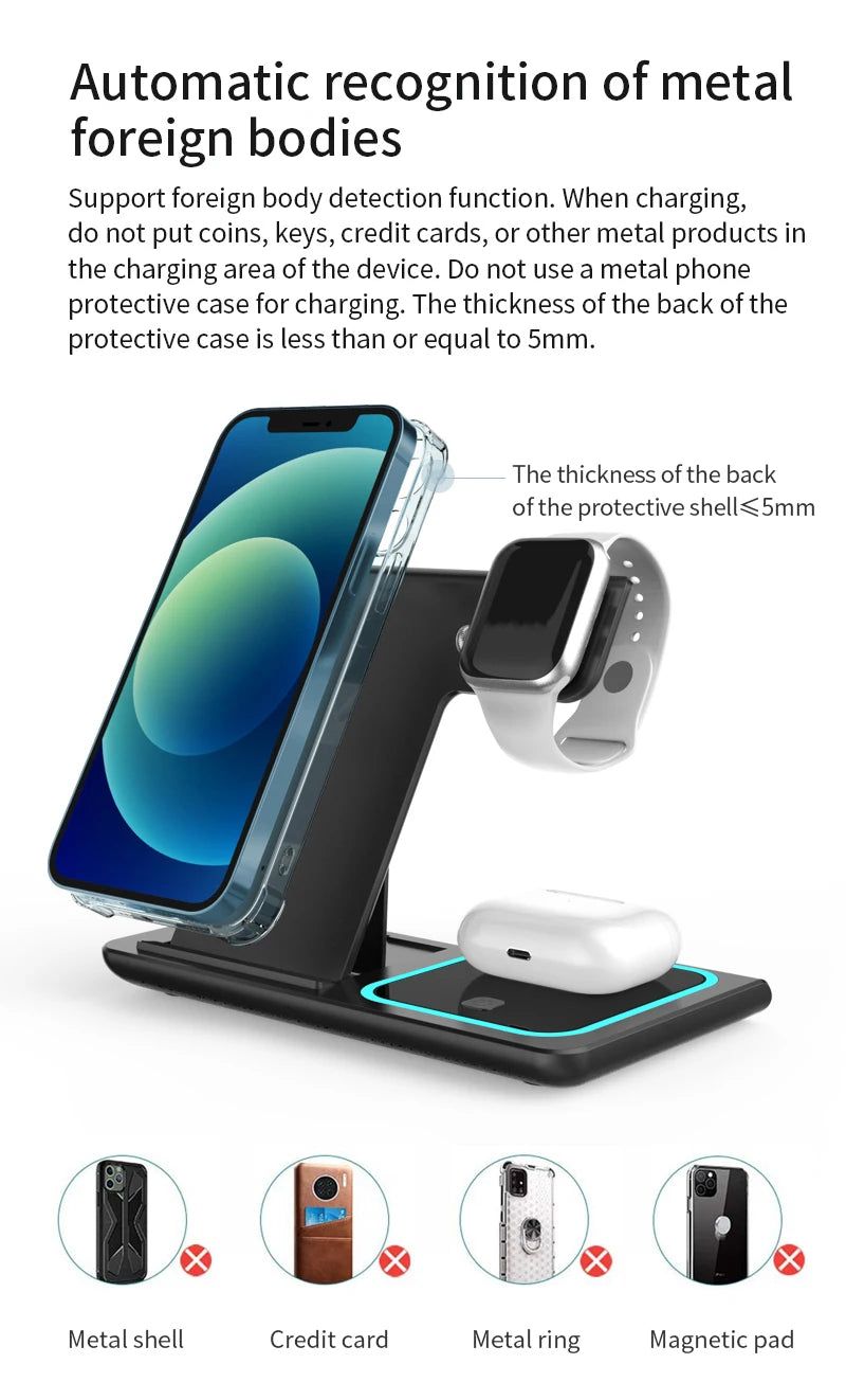 3-in-1 Wireless Charging Station – Travel Pad for iPhone 12-17, iWatch & AirPods, 15W