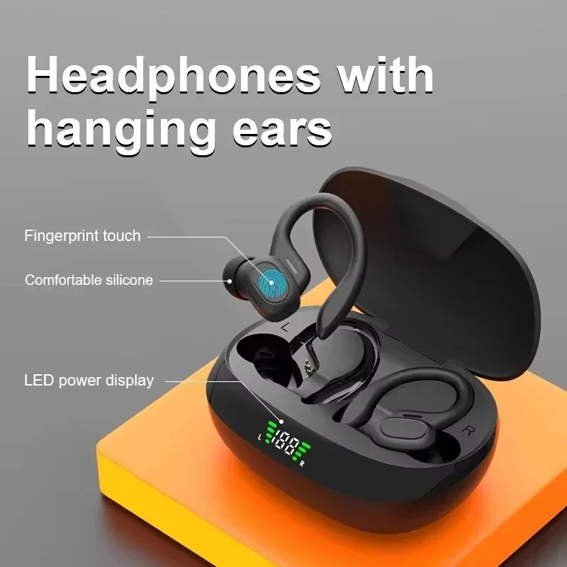 Black wireless earbuds with charging case on an orange and gray background, featuring text highlighting features.