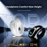 Open-ear clip-on wireless earbuds in white and black with comfort and HD call marketing graphics