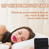 Mouth Tape for Sleeping - woman sleeping with lip-shaped mouth tape on her lips, text about avoiding mouth breathing