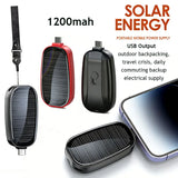 Solar energy portable power supply with USB output, 1200mAh capacity, and smartphone charging capability.