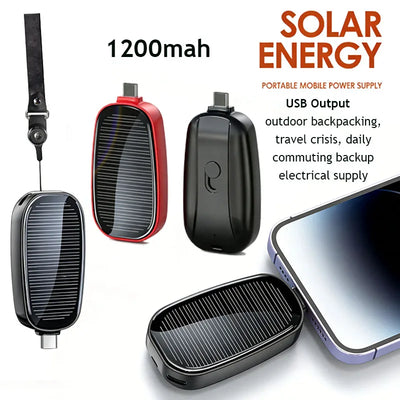 Solar energy portable power supply with USB output, 1200mAh capacity, and smartphone charging capability.