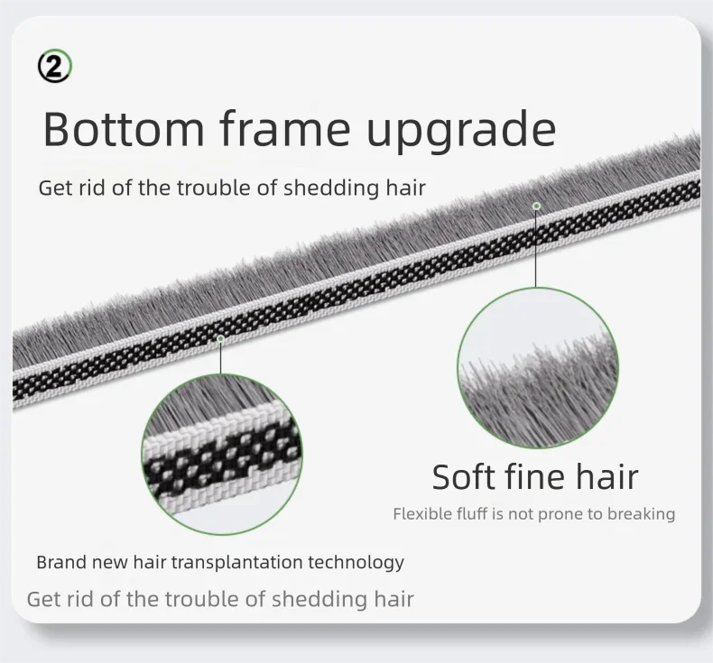 Close-up images of brush door sealing strip bristles with 'Bottom frame upgrade' feature text