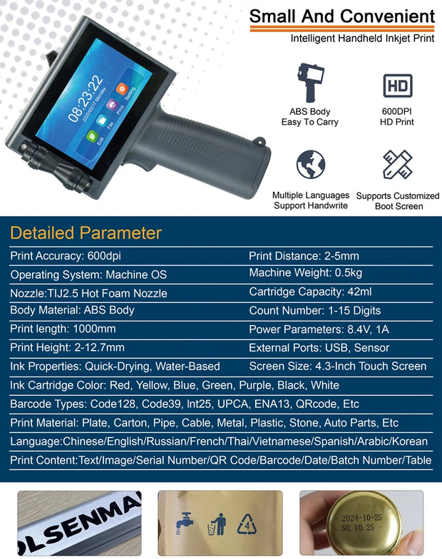 HUMJIHIRO Portable Thermal Inkjet Printer 12.7mm Unencrypted Handheld Inkjet Printer Variable QR Barcode Logo Expiry Date
