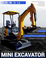 1.8 ton mini excavator – yellow and black crawler digger promotional poster in construction setting