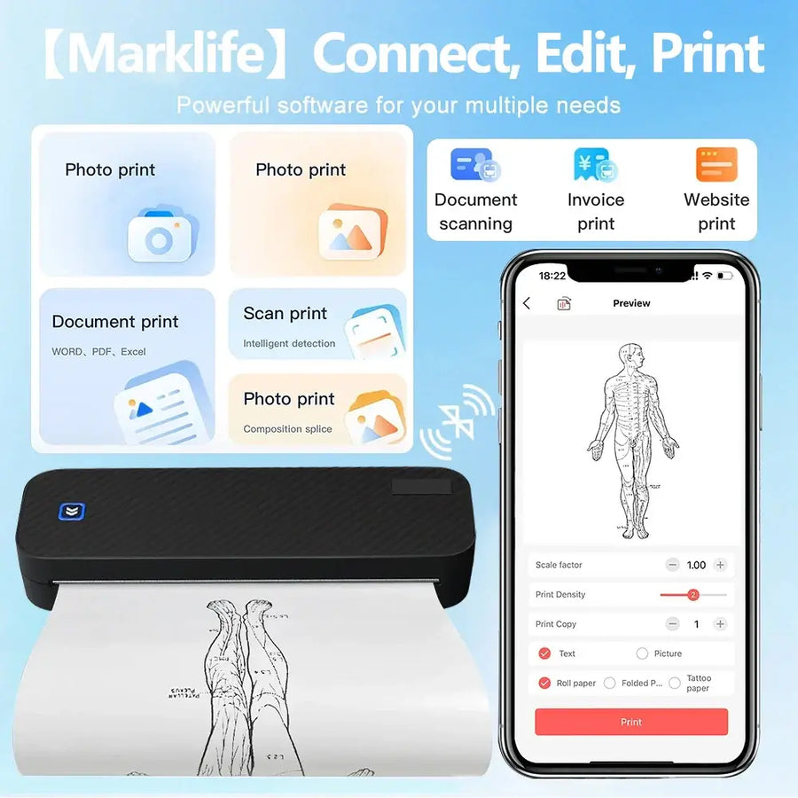 Marklife portable A4 thermal printer with smartphone app for photo, document and invoice printing — wireless Bluetooth inkless mini printer