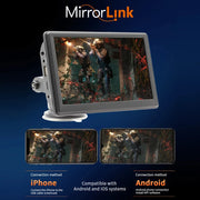 7-inch wireless car stereo with touchscreen displaying MirrorLink feature for iPhone and Android compatibility.