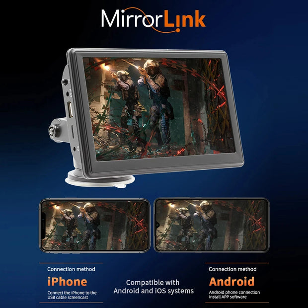 7-inch wireless car stereo with touchscreen displaying MirrorLink feature for iPhone and Android compatibility.