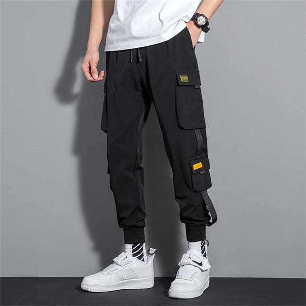Joggers Cargo Pants for Men Casual Hip Hop Hit Color Pocket Male Trousers Sweatpants Streetwear Ribbons Techwear Pants