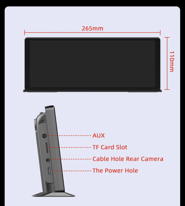 Vtopek Carplay screen dimensions and ports, including AUX, TF card slot, and power hole, ideal for various vehicles.