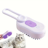 Pet steam brush with purple accents on white background next to a cat – 3-in-1 deshedding grooming comb with steam spray