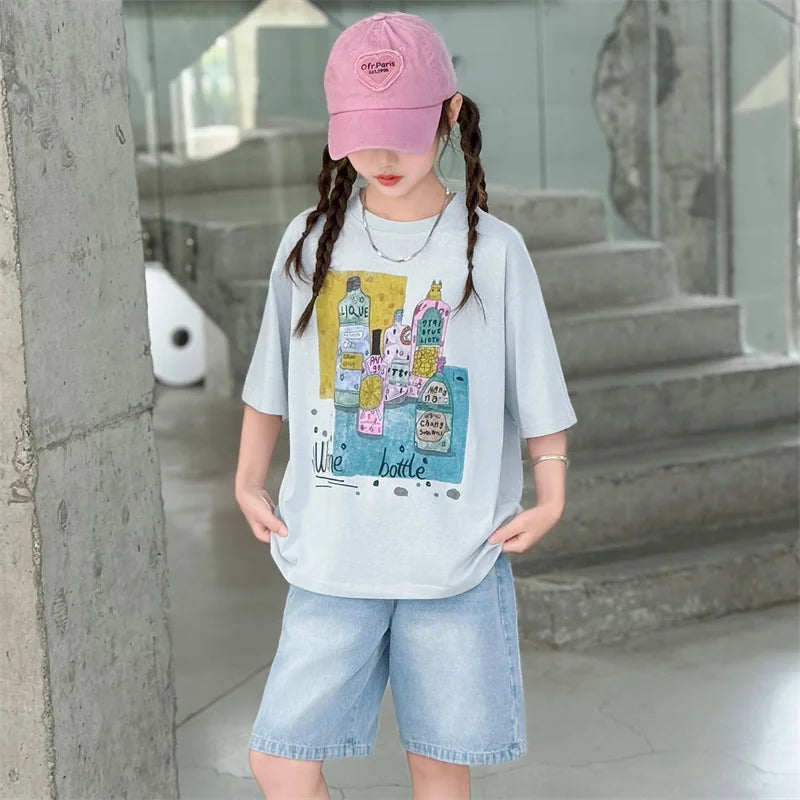 Girls Summer Outfit Set – Print T-Shirt + Shorts (Ages 5-14)