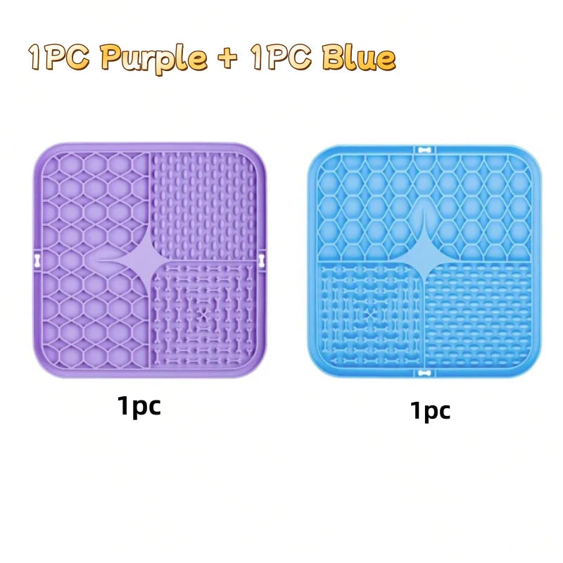 Two square mats, one purple and one blue, on a white background with text indicating quantity.