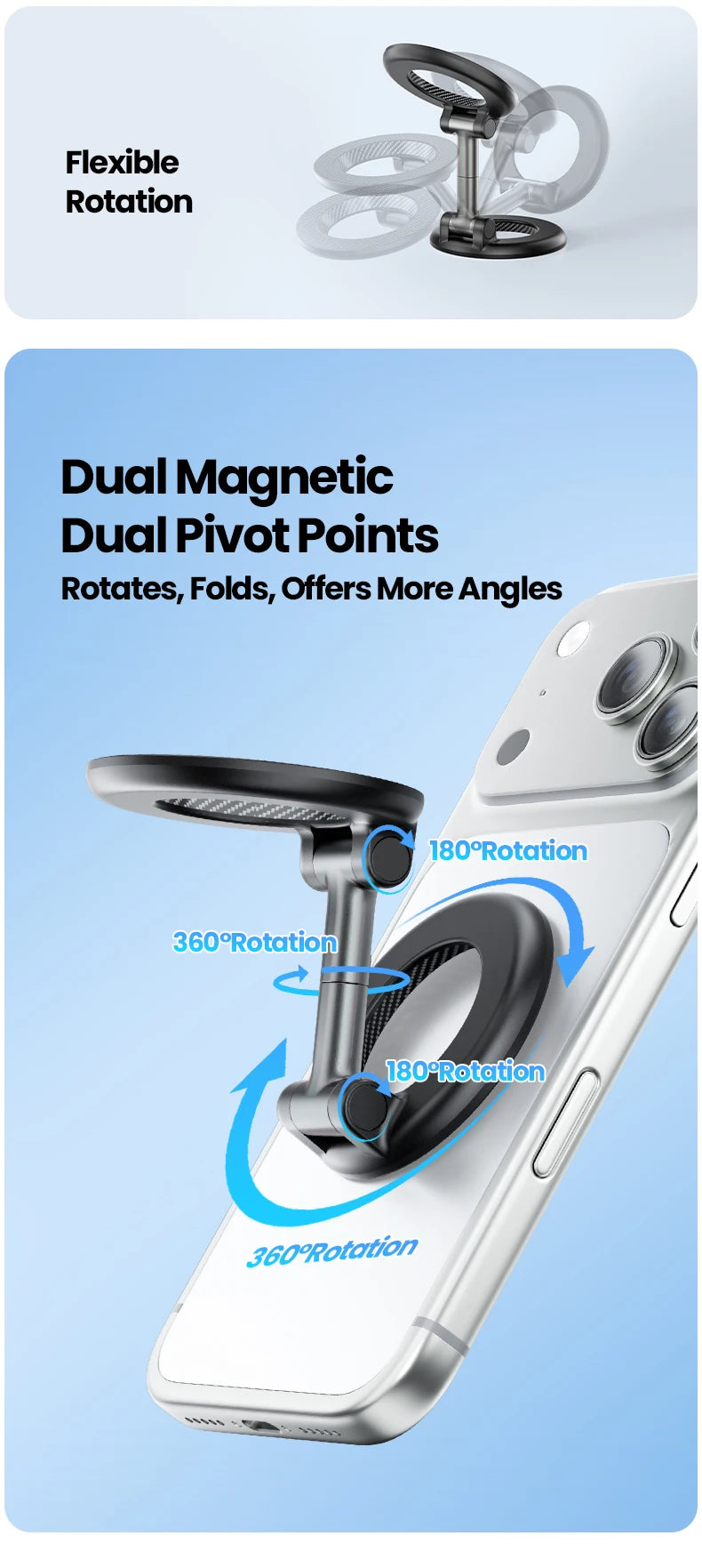 Dual-Ring MagSafe Phone Stand – Metal Tri-Fold, Double-Sided Strong Magnetic Holder