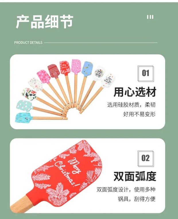 Christmas Themed Wooden Handle Pastry Batter Mixing Scraper Cake Cream Silicone Spatula Baking Decorating Tools Kitchen Utensils