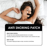 Woman lying in bed with anti-snoring mouth tape patch, product description overlay