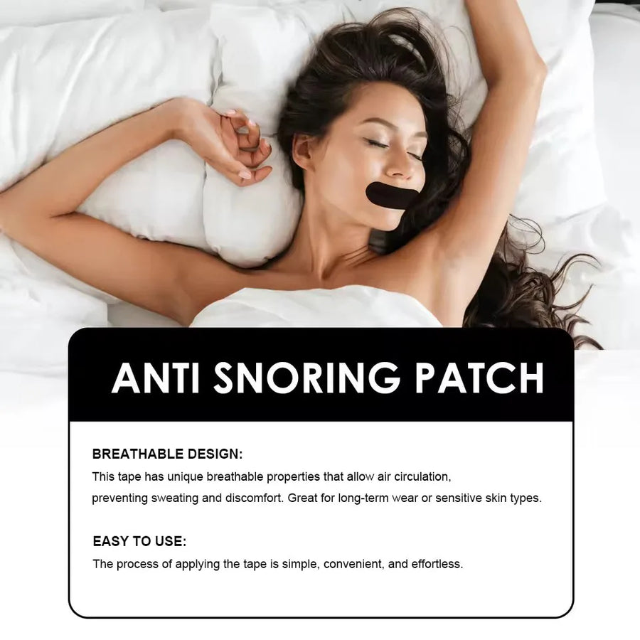 Woman lying in bed with anti-snoring mouth tape patch, product description overlay