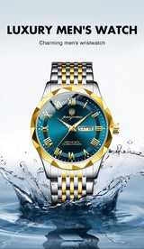Men's minimalist quartz leisure watch – luxury men's watch with blue face and gold accents, splashing water effect