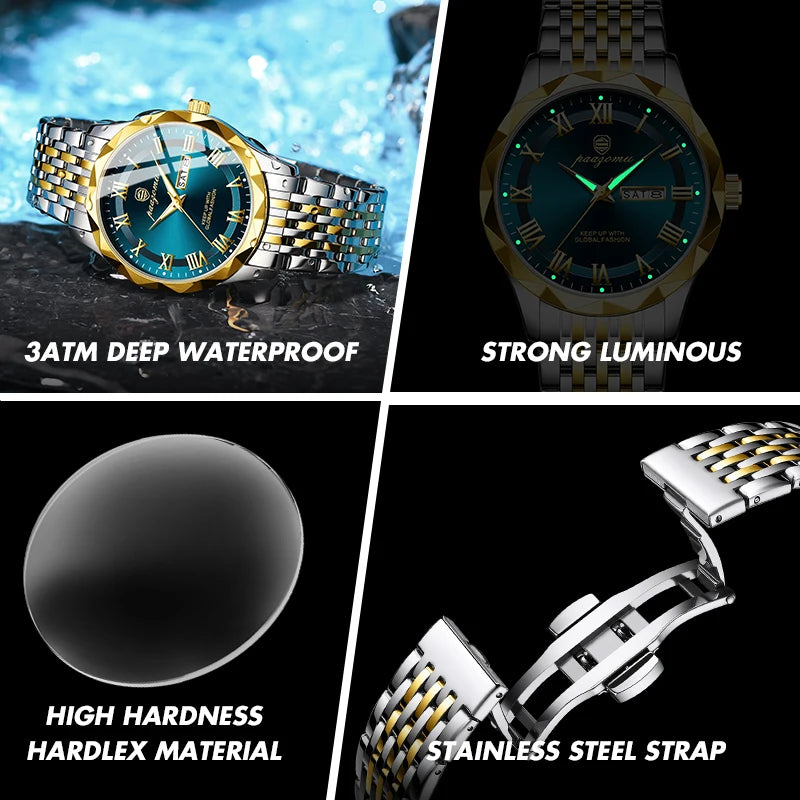 Men's minimalist quartz leisure watch – collage of watch with features highlighted on black background