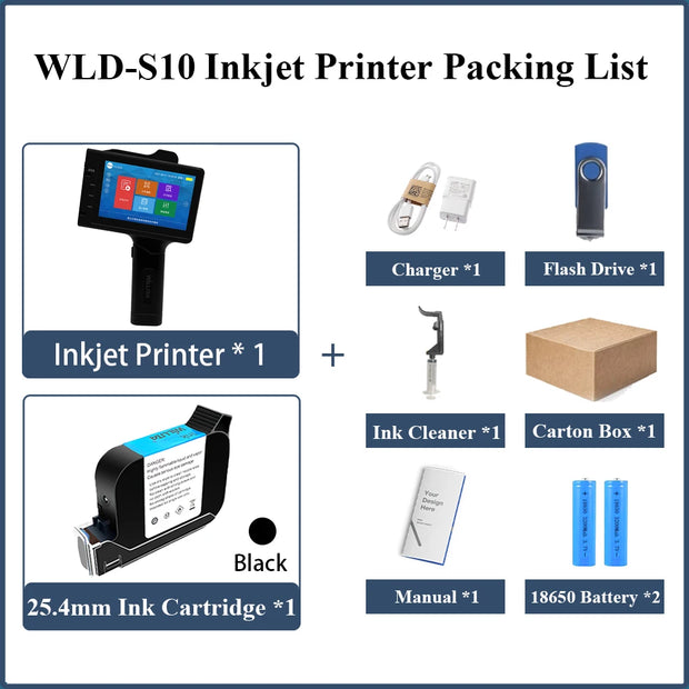 WILLITA 25.4mm Portable Handheld Inkjet Tij Printer Gun For Logo Expiry Date QR Barcode Batch Numbers Label Machine S10