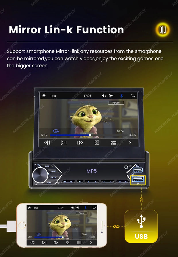 New Carplay Android Auto 1Din 7'' Retractable Universal Car Stereo Radio TouchScreen MP5 Player Intelligent Vehicle System BT FM