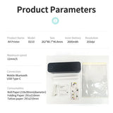 Product parameters of the A4 portable thermal printer with specifications listed — wireless Bluetooth inkless mini printer specs
