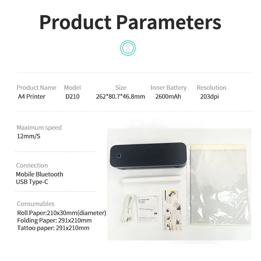 Product parameters of the A4 portable thermal printer with specifications listed — wireless Bluetooth inkless mini printer specs