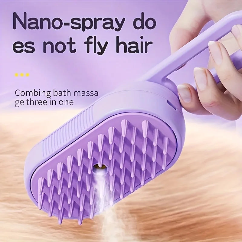 Purple pet steam brush with descriptive text on a wooden surface – 3-in-1 deshedding grooming comb with steam spray