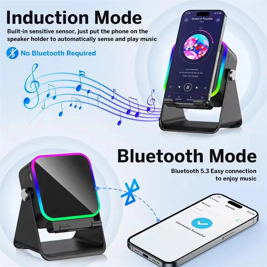 Phone holder with induction and Bluetooth modes on a light blue background