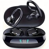 Open ear clip-on wireless earbuds in black with charging case on white background